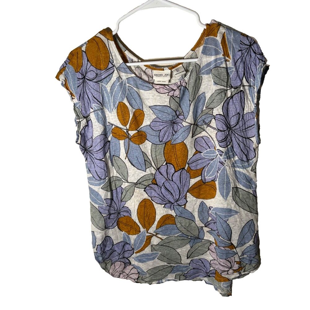 Rachel Zoe T-shirt Women's Large 100% Linen Short Sleeve Colorful Top Casual